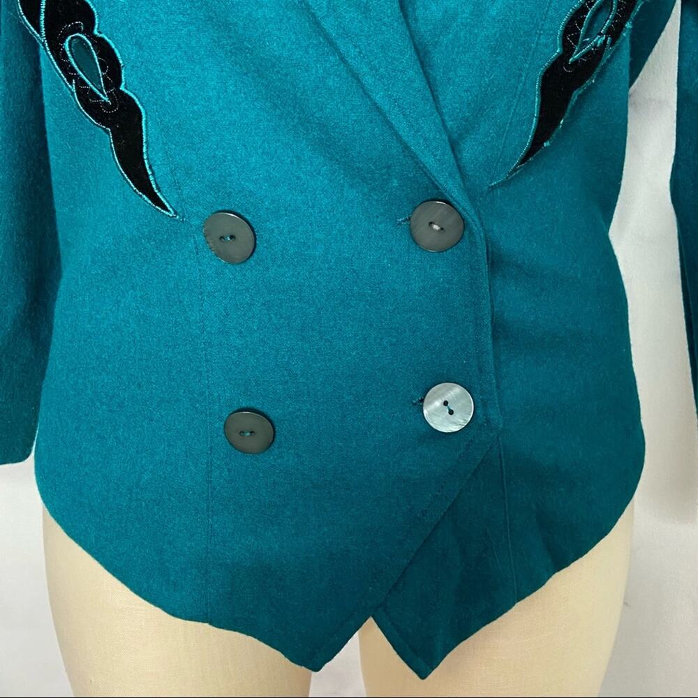Vintage Double Breasted Blazer Teal Floral Appliqué 90s Prairie Western Size L - Picture 5 of 13